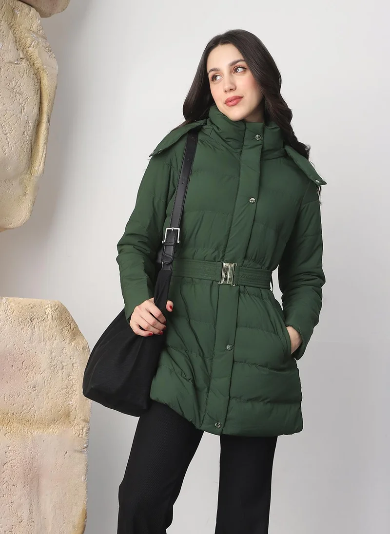 جلو باص Globus Women Green Mock Neck Long Sleeves Belted Winter Wear Insulator Puffer Jacket With Detachable Hood